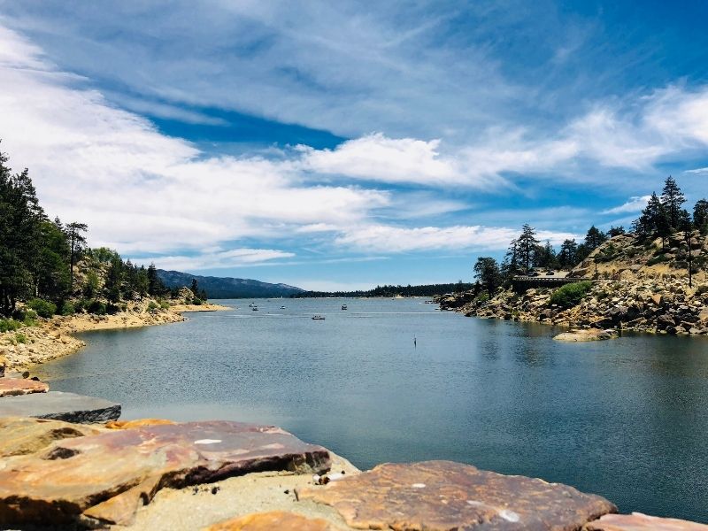 Big Bear Lake, CA. Swimmers and boaters enjoying the lake. 